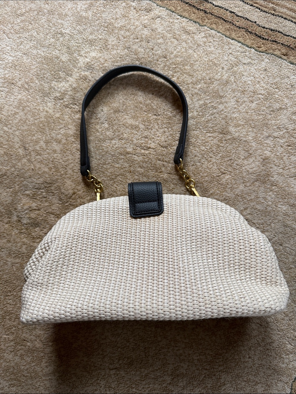 Cream Woven Shoulder Bag with Black Trim and Gold Hardware